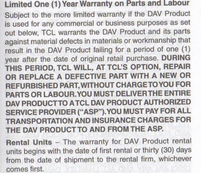Toshiba BDX2155KC Blu-Ray Player Warranty
