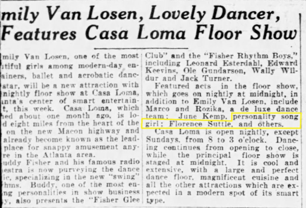 The last article that mentions Florence Suttle at the Casa Loma in 1936