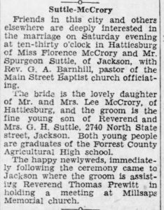 Florence McCrory marries Spurgeon Suttle