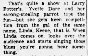Review of Linda Keene at Larry Potter's in February of 1950