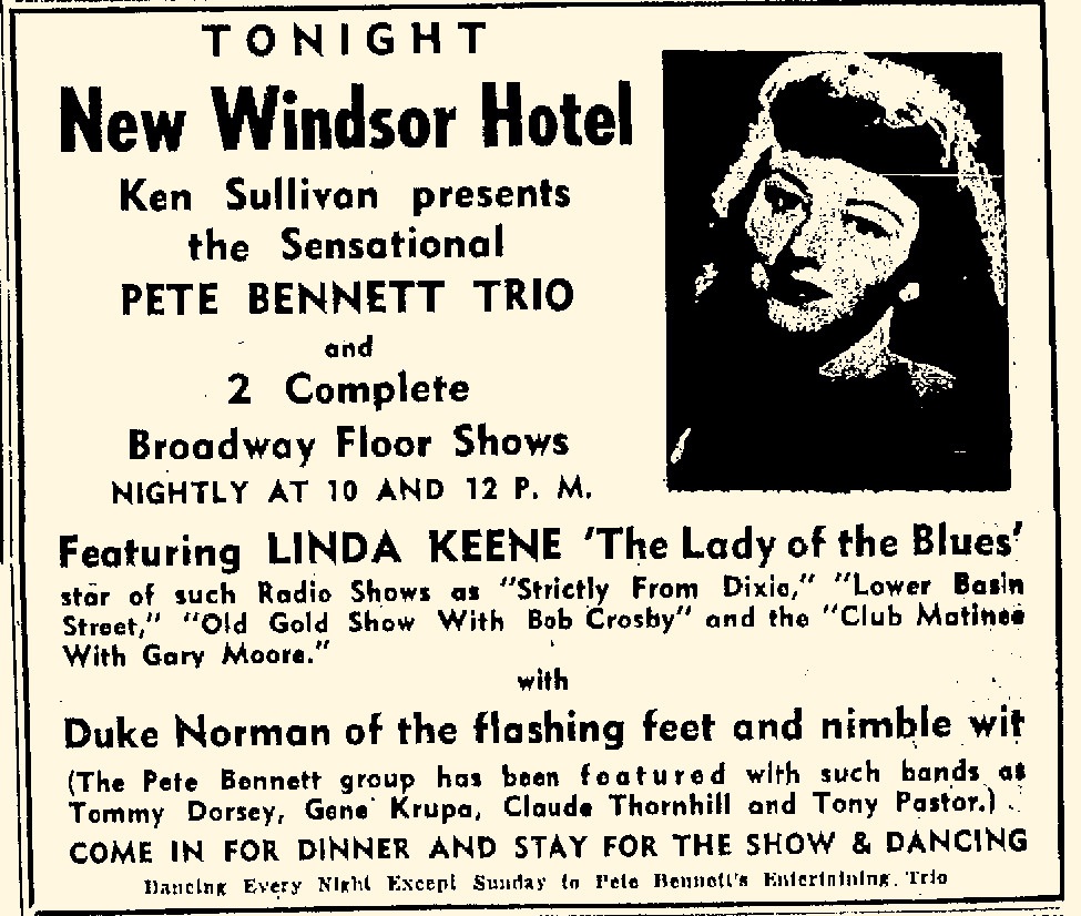 Linda Keene at the New Windsor Hotel January 1954