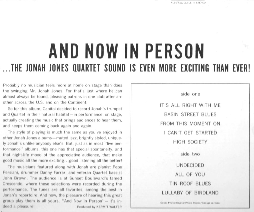 And Now In Person Jonah Jones (rear cover)