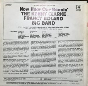 The Kenny Clarke Francy Boland Big Band with their 1965 album "Now Hear Our Meanin' " Rear Cover