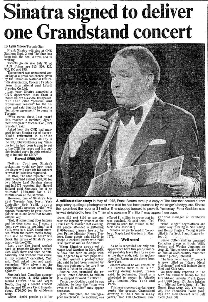 Sinatra officially announced for CNE 1984