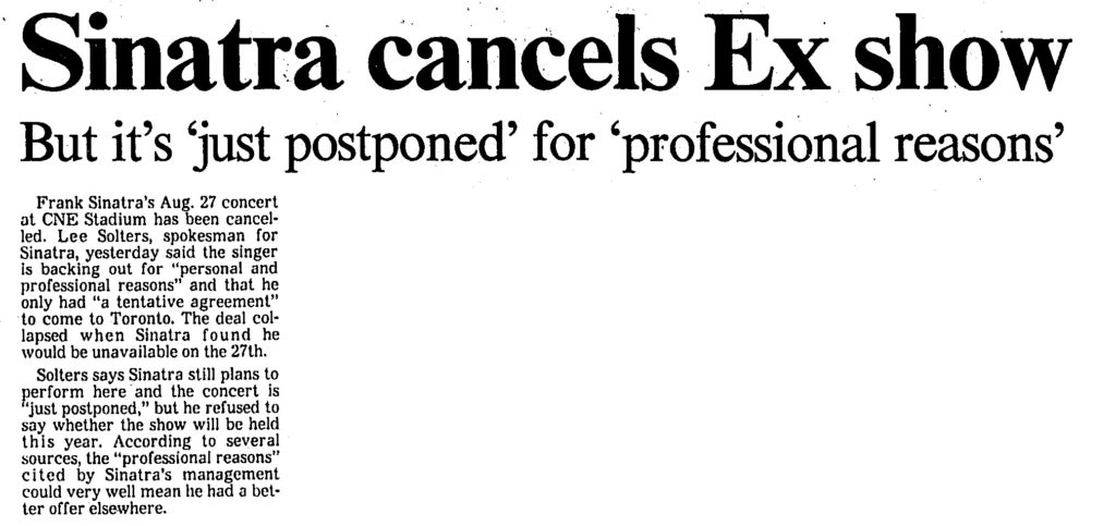 Sinatra cancels 1983 CNE appearance