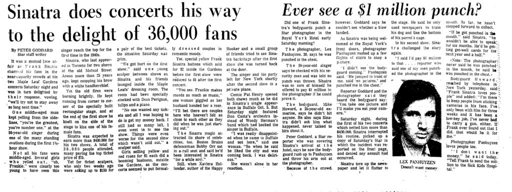 Two more articles about Sinatra at Maple Leaf Gardens, May 10, 1975