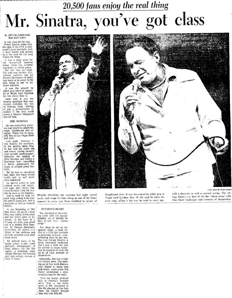 Toronto Star review of Sinatra at CNE in 1975