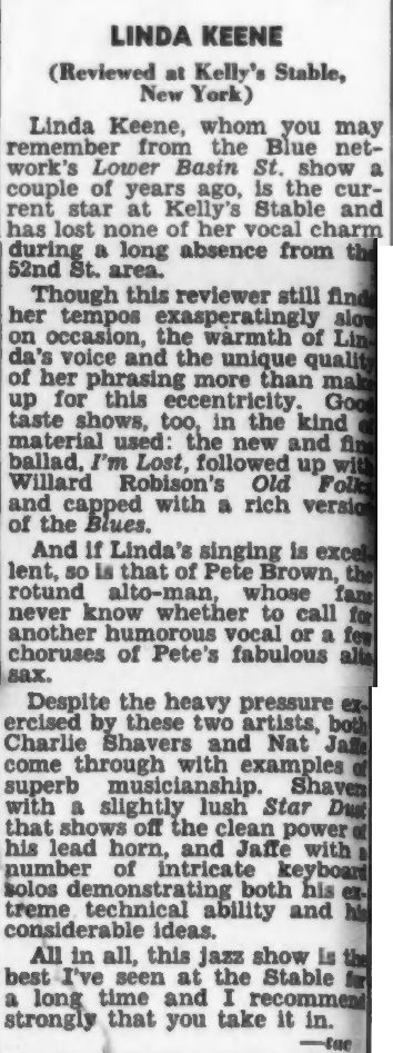 Linda Keene review at Kelly's October 1944
